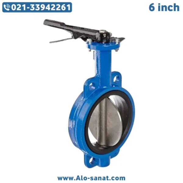 6inch-wafer-butterfly-valve تصویر شیر پروانه ای ویفری 6 اینچ صنعتی با بدنه مقاوم برای خطوط لوله آب و سیالات شیمیایی