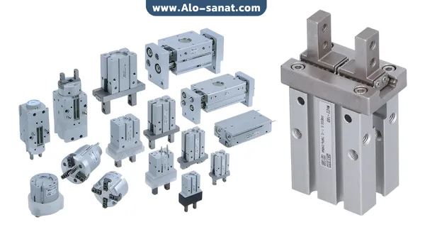 گریپر پنوماتیک دو انگشتی برای گرفتن و جابجایی قطعات صنعتی