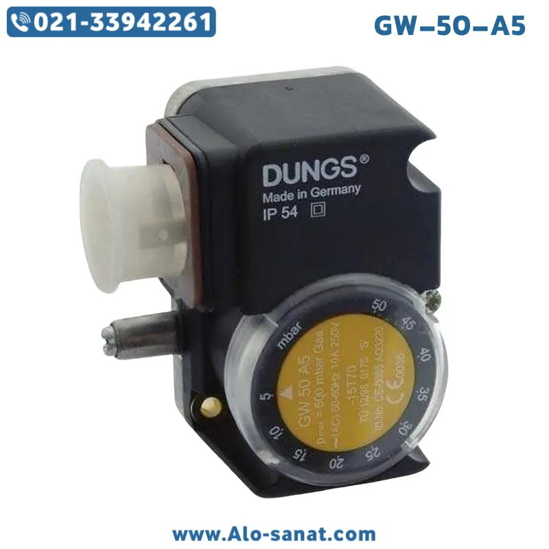 پرشر سوئیچ Dungs مدل GW-50-A5 در نمای نزدیک با بدنه فلزی و کنتاکت‌ها